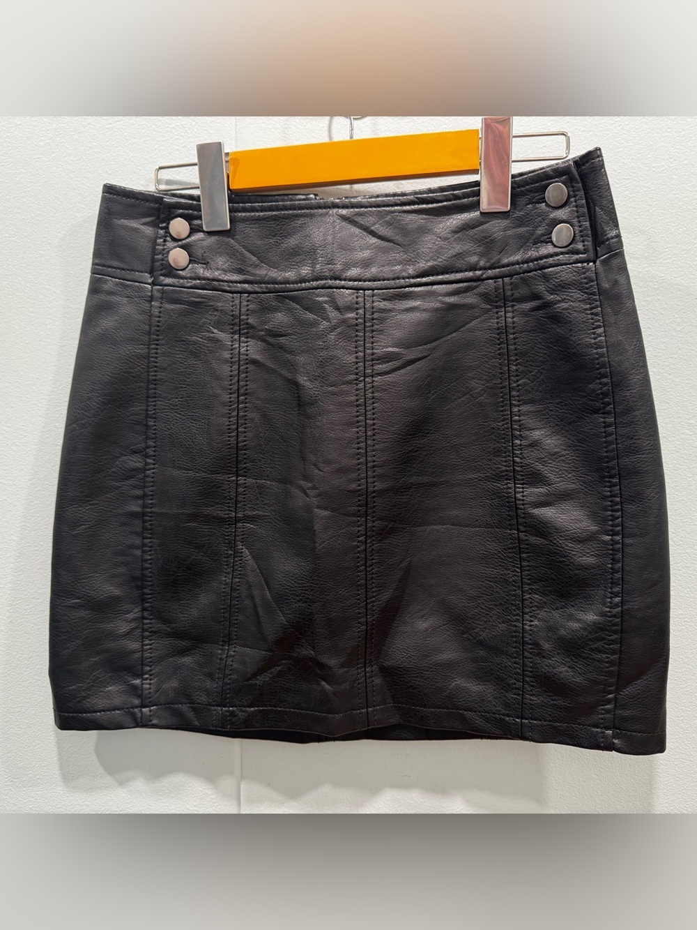 Free People Black Faux Leather Mini Skirt Snap Detail Zip Back